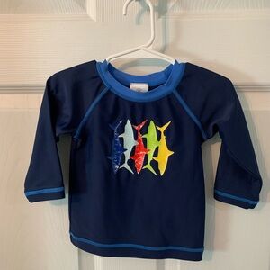 Hanna Andersson navy with sharks swimsuit top, long sleeves. Boys, 12-18 months